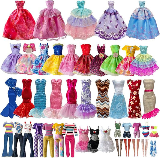 19 Pcs Doll Clothes and Accessories for 11.5 Inch Girl Dolls Outfit, Random 3 Stylish Dresses, 4 Tops, 4 Pants, 3 Evening Dresses, 1 Wedding Dress, 2 Swimsuits, 2 Pairs of Stockings