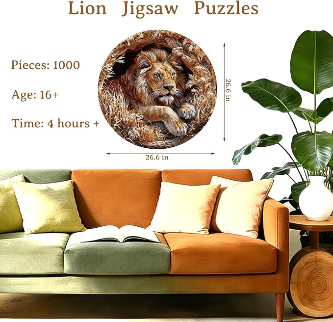 1000 Piece Puzzle for Adult, Lion Jigsaw Puzzle 1000 Pieces, Impossible Challenging Fun Puzzle for Adult, Round 26.6 x 26.6 Inch Unique Difficulty Puzzle for Birthday Gift