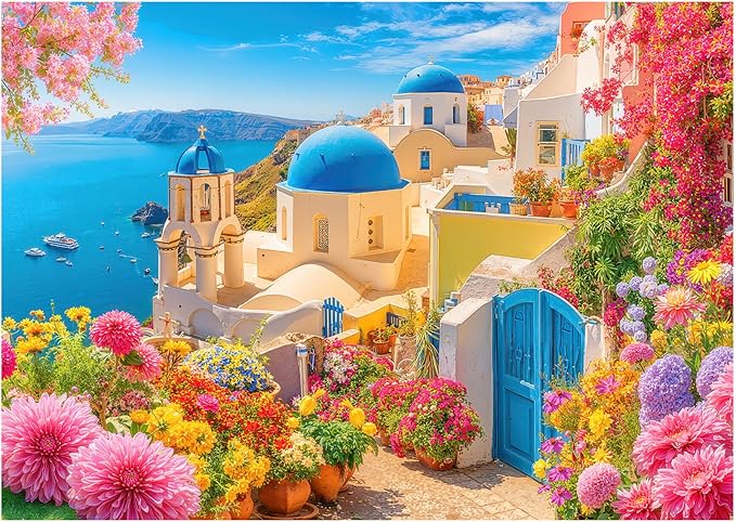 1000 Pieces Jigsaw Puzzles for Adults, Santorini Landscape Puzzle with Letters on Back, Hard Difficult Challenging Adult Puzzle for Family Game & Holiday Decor Gift