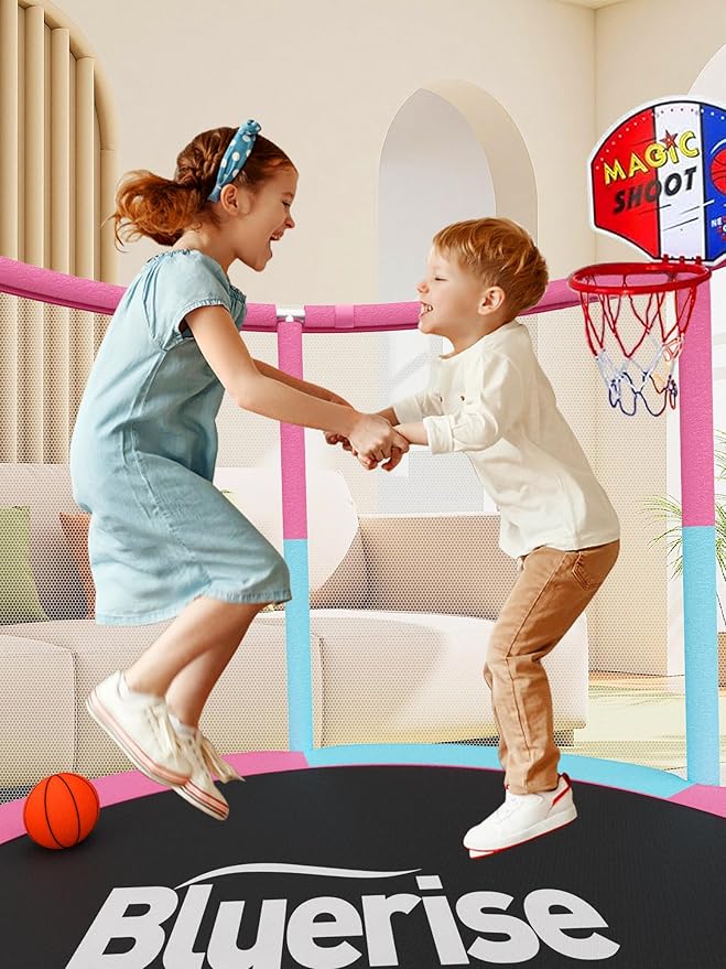 BLUERISE 55IN 6FT Toddler Trampoline for Kids Indoor Outdoor Play for Kids Trampoline Basketball Hoop Attachment with Enclosure Net Easy to Assemble
