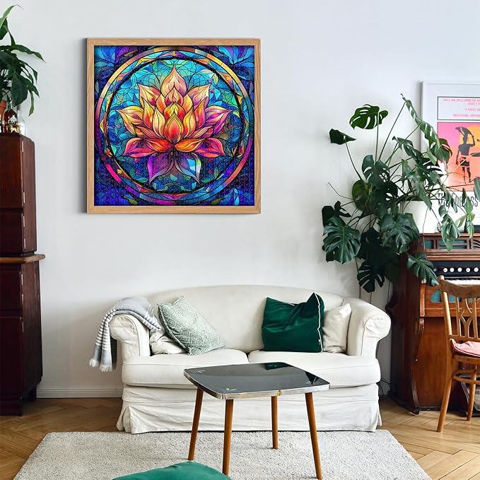 Stained Glass Puzzle for Adults 1000 Pieces, Lotus Flower Puzzles 1000 Pieces Art, Impossible Hard Challenging, Colorful Stained Glass Jigsaw Puzzle Waterlily