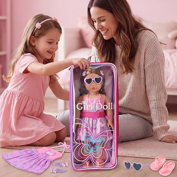 Ecore Fun 18 Inch Doll Carrier Backpack, 7Pcs Travel Doll Clear Display Storge Bag with Doll Clothe and Accessories for Take Doll Out, Girl Birthday Gift