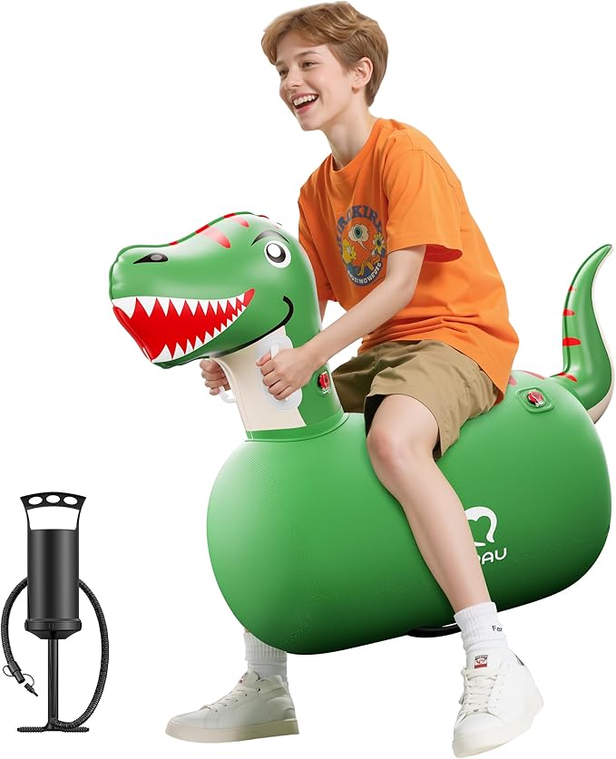 QPAU Infatable Bouncy Toys with Hand Pump, Heavy Duty Giant Bouncy Pal, 220lbs Load Capacity, Ride On Bouncy Animal Hopper Toy, Indoor Outdoor Bouncers for Kids Girls Boys Ages 5+ (Dinosaur, 1 Pack)