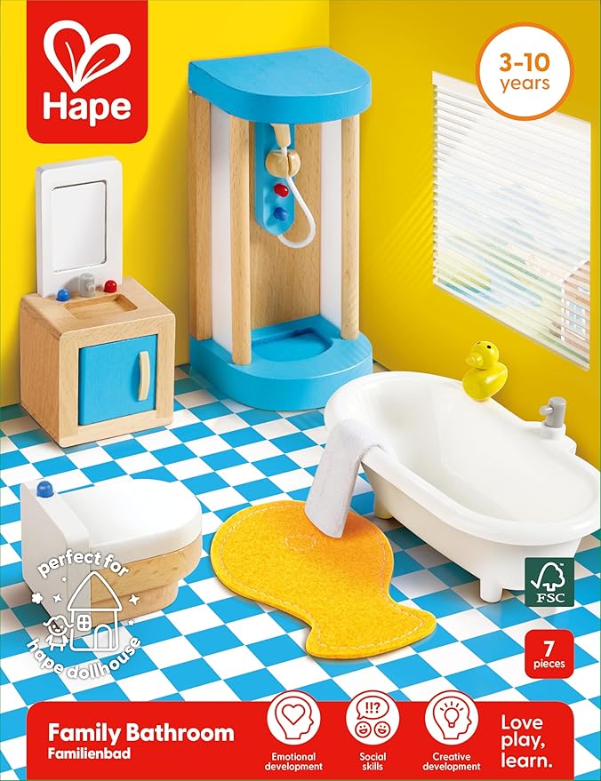 Hape Wooden Doll House Furniture Family Bathroom Set| Pretend Playset for Kid’s Wooden Dollhouse