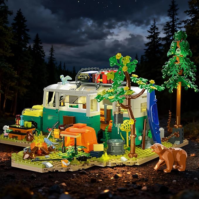 Wilderness Bus Building Set with Light, 1392PCS Camping Building Toy Kit with Removable Bus, Animals and Rich Accessories, Creative Home Decor & Display, Xmas Birthday Gifts for Adults Teens