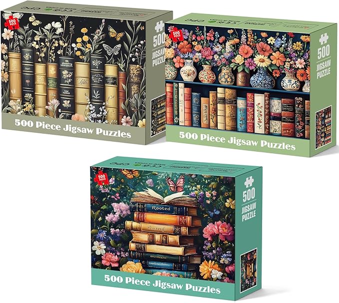 3 Pack Wildflower Puzzles for Adults 500 Pieces, Vintage Flower Book Puzzle, Recycled Cardboard Plant Jigsaw Puzzle for Book Lover, Floral Art Bookshelf Library Puzzles Challenging Gift for Seniors