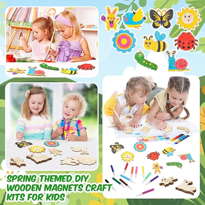 Blueweenly 36 Pcs DIY Wooden Magnets Craft Kits for Kids Wooden Art Craft Supplies Painting Kit for Kids Activities Party Favors for Boys Girls Easter Basket Stuffers Birthday Party Gifts Toys