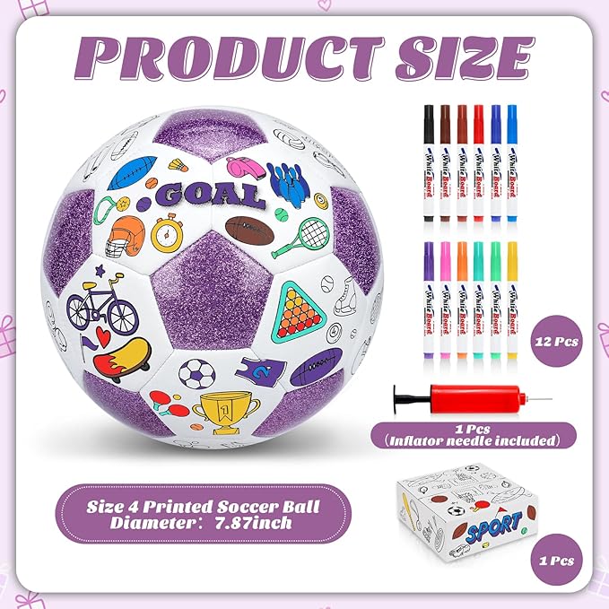 Size 4 Color Your Own Soccer Ball Purple DIY Custom Craft Kit with Pump 12 Markers Personalized Youth Toddler Training Paint Your Own Toy Creative Gift for Kids (Purple Soccer Ball, 4)