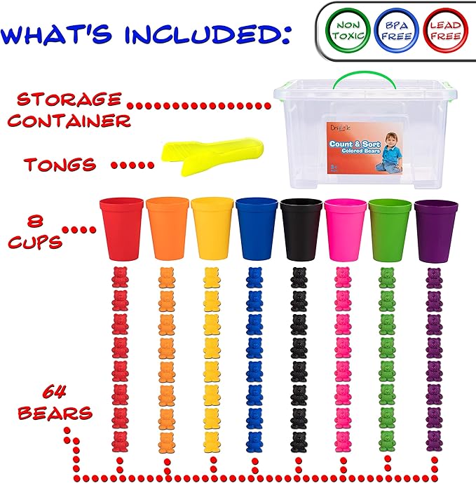 Driddle Colorful Counting Bears with Matching Cups - 80 Bears - Sort, Count & Color Recognition Learning Toy for Toddler & Kids - Montessori Education - Preschool Game
