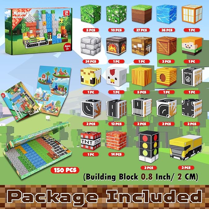 150 PCS Magnetic Blocks - Building Block for Kids Ages 4-8, Magnet Blocks Cubes for Boys Girls, STEM Educational Stacking Magnet Toy for 3 4 5 6 7 8 9 10 11 12 Birthday Gifts, Easter Basket Stuffers