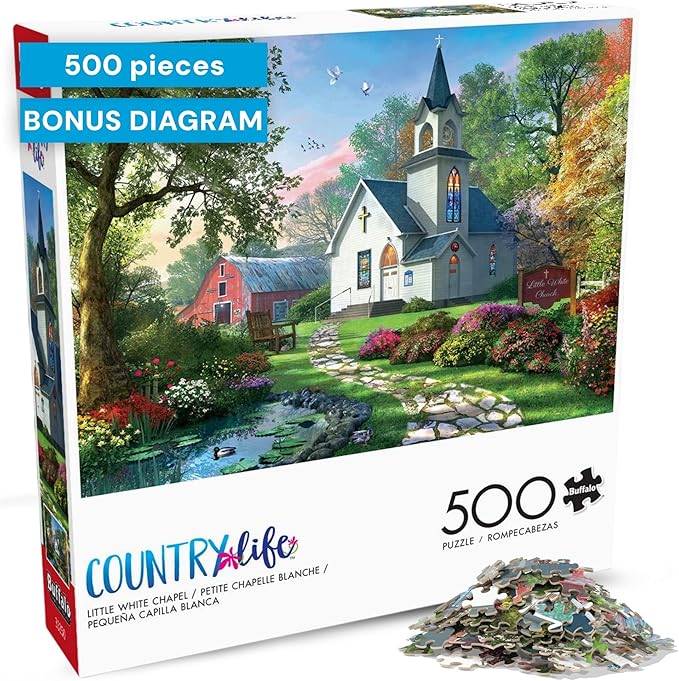 Buffalo Games – Little White Chapel Jigsaw Puzzle, 500 Piece Puzzle for Adults, Peaceful Church Landscape Art by Dominic Davison