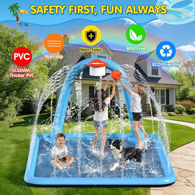 Splash Pad, 110x91'' 2-in-1 Large Sprinkler Mat with Basketball Hoop and Arch for Kids Outdoor Play, Shoot Game for Backyard, Inflatable Water OutdoorToys More Fun for Boys and Girls