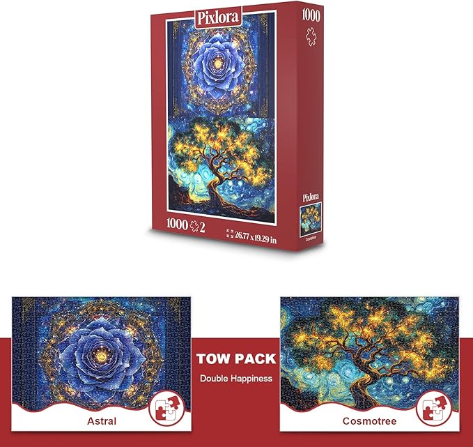 1000 Piece Puzzle for Adults, 2 Pack Botanical and Cosmic Plant Theme, Starry Rose and Tree Design, Challenging Jigsaw Puzzles for Game Night, Ideal for Plant Lovers