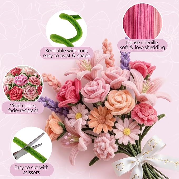 EARLY MINDS 800Pcs Pipe Cleaner Flower Bouquet Kit, 8 Colors Romantic Pink Chenille Stems Craft Making Set with Floral Tape, Flower Stems, Gift Wrap & More, DIY Bouquet Handmade Gifts for Mother