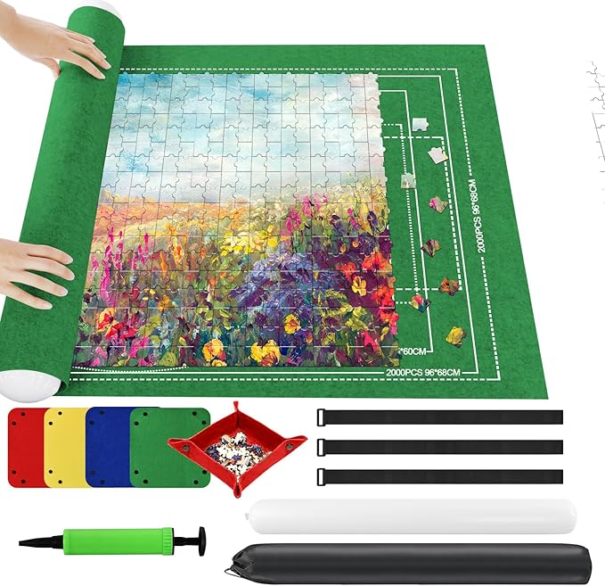 Ainiv Jigsaw Puzzle Mat Roll Up 2000 Pieces, 47” x 31.5” Portable Felt Puzzles Board with 4 Sorting Trays & Travel Storage Bag, Jigsaw Saver Pad Keeper for Adults Teens,Green