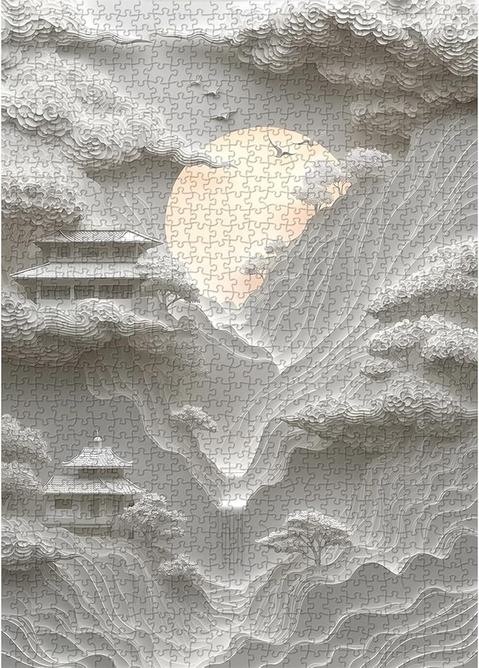 Impossible Landscape Puzzles for Adults 1000 Pieces，White Paper Art Mountain Puzzles Clouds Moon Scenery,Unique Scenic Nature Jigsaw Puzzles Building, Hard Difficult Challenge for Adult