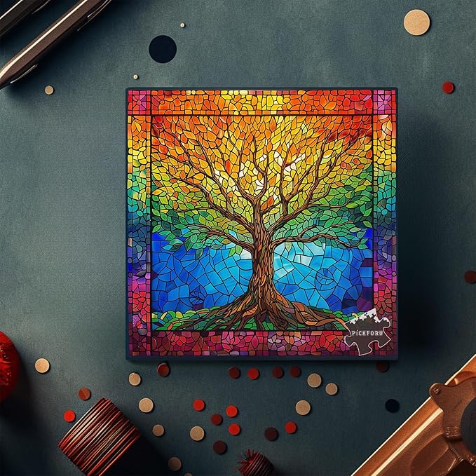 PICKFORU Stained Glass Puzzles for Adults 1000 Pieces and up, Mosaic Tree of Life Puzzle Unique Rainbow Puzzles, Colorful Difficult Jigsaw Puzzles for Adults