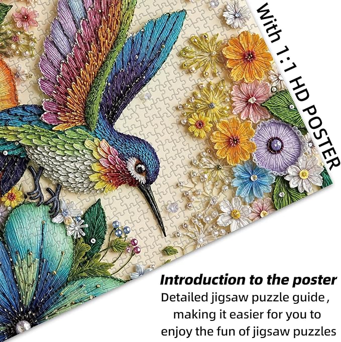 Beaded Hummingbird 1000 piece Puzzle for Adults, Sutinban Hummingbird Floral Jigsaw Puzzles, Nature Jewel Art Impossible Puzzle 1000 Pieces, Colorful Challenging Puzzles for Adults and Family Senior