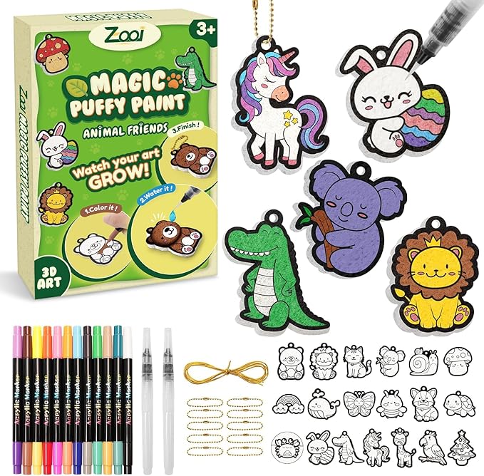 ZOOI Gifts for Kids Magic Puffs Animals, Crafts for Kids Ages 4-8, 3D Art Kit DIY Color Inflate Activity, 19 Mess-Free Paint by Number Craft for Kids, Travel Creative Gift for Girls Boys Ages 3-12