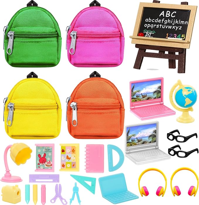 ENOCHT 27 Pcs 11.5 inch Doll School Accessories 4 Doll Backpack Bag with Zipper with Computers, Glasses, Blackboard, 7 Pcs Study Accessories 8 Pcs Stationery Sets 2 headsets