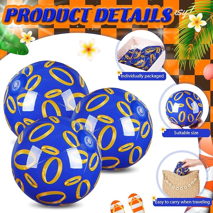 Leyndo 2 Pack Blue and Golden Rings Themed Beach Ball for Kids 11.8" Bulk for Summer Pool and Beach Game Gifts and Birthday Party Supplies and End of The Year Class Party Decoration Favors