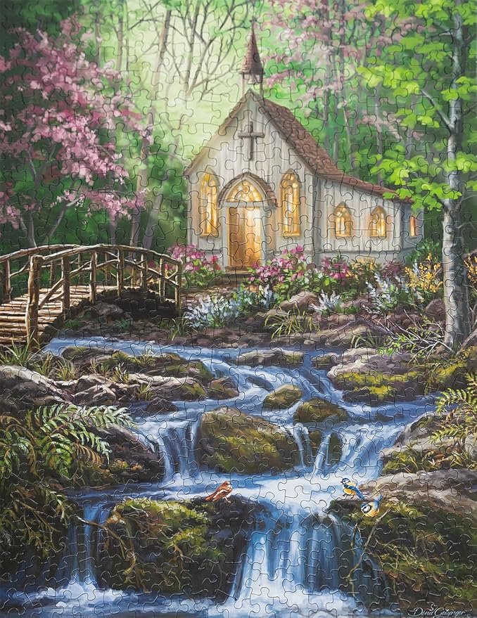 Springbok Peaceful Prayer 500 Piece Jigsaw Puzzle for Adults - Relaxing Church in The Woods - Unique Cut Pieces - Made in USA