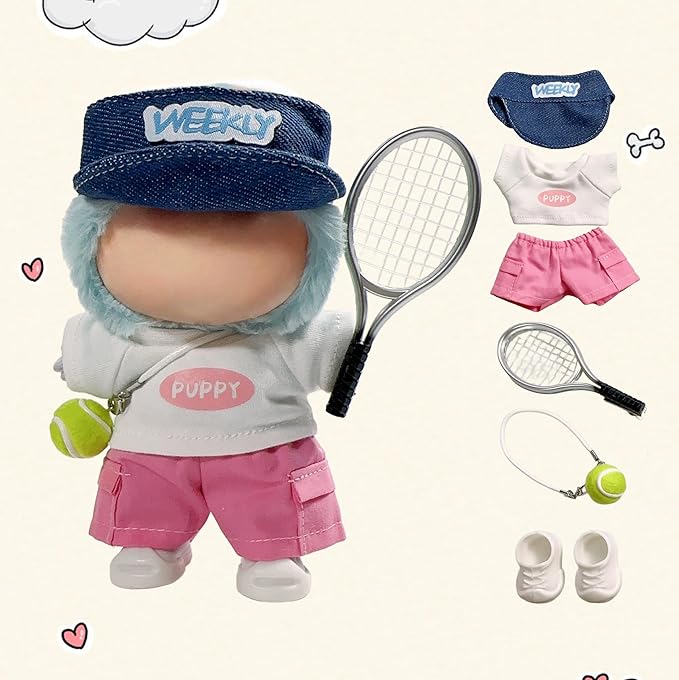 15cm/17cm Doll Sports Wear Outfits Gym Suitable for Labubu Clothes –Stylish Adorable Dolls Accessories for Dressing Up (No Doll Included) (E-Pink Tennis Suit 6-Piece Sets)