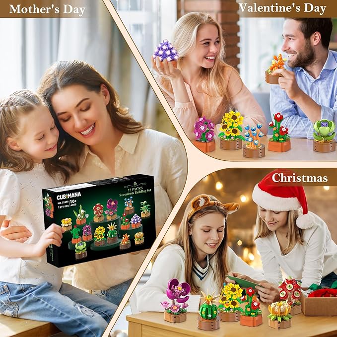 15 Pack Flowers Plants Mini Building Set - 1314PCS 3.6MM Flower Succulents Botanical Collection Block Toy for Home Office Décor, Easter Birthday Gifts for Adults Women Boys Girls 10+