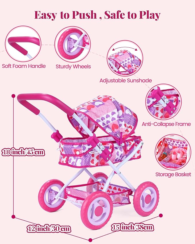 BABESIDE Baby Doll Stroller Set with 12 Inch Baby Doll, 14 Pcs Baby Doll Accessories, Folding Doll Pram Pretend Play Set, Feeding, Bath & Care Toys, Gift for Girls Ages 3yrs+