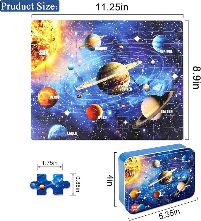 LELEMON 100 Pieces Jigsaw Puzzles for Kids Ages 4-8 Solar System Planets Educational Puzzles Boys Girls Children Learning Educational Puzzles Portable Box Pack Toy