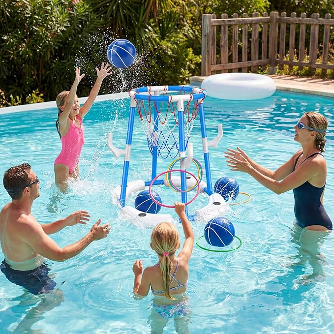 Floating Pool Basketball Hoop, 2-in-1 Basketball Pool Toys for Kids with 4 Balls 12 Rings, Summer Outdoor Swimming Pool Sports Game Water Play Toys for Kids Age 3-12