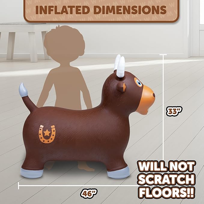 WADDLE Bouncy Hopper Inflatable Hopping Animal, Indoors and Outdoors Toy for Toddlers and Kids, Pump Included, Boys and Girls Ages 2 Years and Up (Brown Bull)
