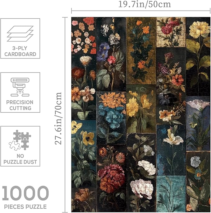 Vintage Collage Flower Puzzle 1000 Pieces for Adults, Floral Wildflower Colorful Art Jigsaw Puzzle, Beautiful Moody Aesthetic Sunflower Puzzles