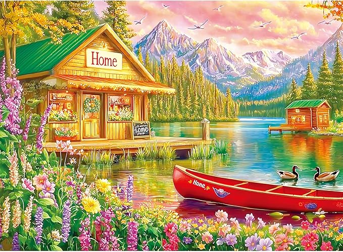 300 Pieces Puzzles for Adults,Lakeside House & Red Boat Puzzle,300 Pieces Puzzle for Seniors Large Piece,Mountains Jigsaw Puzzles for Kids Ages 8-10,Challenging Family Games, 20.5 x 15 in