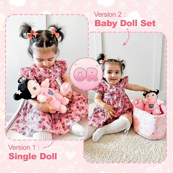 OUOZZZ Soft Baby Doll 10" - Asian Doll First Birthday Toys for 1 Year Old Girl, Ideal 1 Year Old Girl Gifts & Baby Girl Gifts, Snuggle Buddy for Infants Pink Straps Black Hair