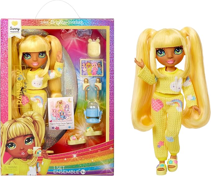 Rainbow High Jr High PJ Party - Sunny, Yellow 9" Posable Blonde Fashion Doll with Soft Onesie, Slippers, Fun Play Accessories, Great Toy Gift for Girls Kids Ages 4-12 Years