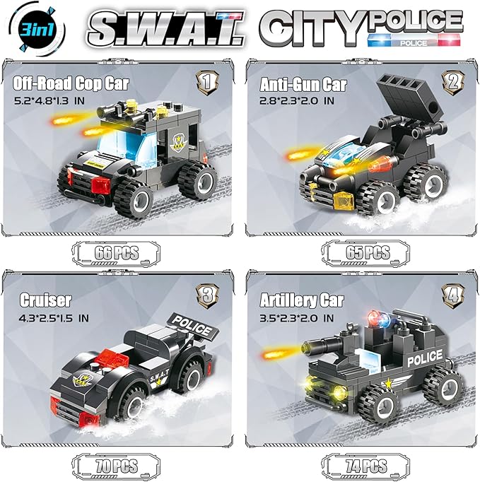 1110 PCS SWAT City Police Set Cop Car Building Set with Helicopter, Boat, Police Station, Mobile Command Center Truck Toys in 25 Different Models, Gifts for 6 Plus Year Old Kids Boys