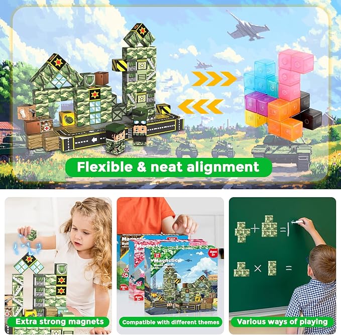 100PCS Magnetic Blocks - STEM Magnetic Building Blocks for Kids Military Construction Cube Toys Games, Educational Sensory Stacking Magnets Cube Toys for Kids Easter Birthday Gifts Boys & Girls