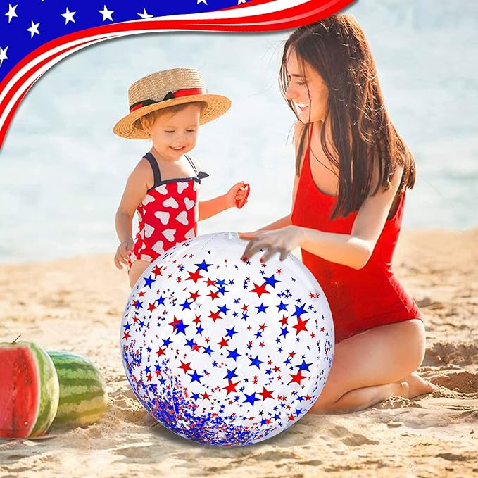 TURNMEON 5 Pack American Flag Beach Balls 24 Inch & 16 Inch Patriotic Pool Toys, Red White Blue Star Confetti Glitter Inflatable Clear Balls for 4th of July Independence Day Pool Parties
