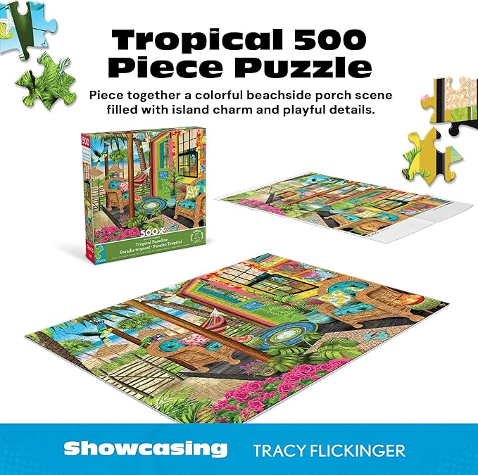 Ceaco – Tropical Paradise – Tracy Flickinger – 500 Piece Jigsaw Puzzle for Adults – Colorful Coastal Porch Scene with Bonus Poster