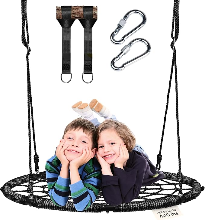 PLAYVIBE Spider Web Tree Swing Year-Round Gift - 40-Inch Black Saucer - 440 lb Capacity & 900D Oxford Waterproof - Heavy-Duty Steel Frame & Hanging Straps, Outdoor Swing Set Accessories for Toddlers