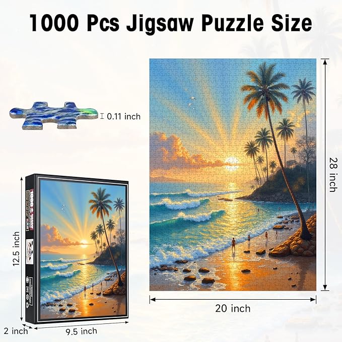 Seaside Puzzles for Adults 1000 Pieces, Tropical Beach Jigsaw Sunset Palm Trees Ocean Waves, 28x20 Inch Coastal Puzzle with Letters on Back, Wall Art, Relaxing Family Game, Easter