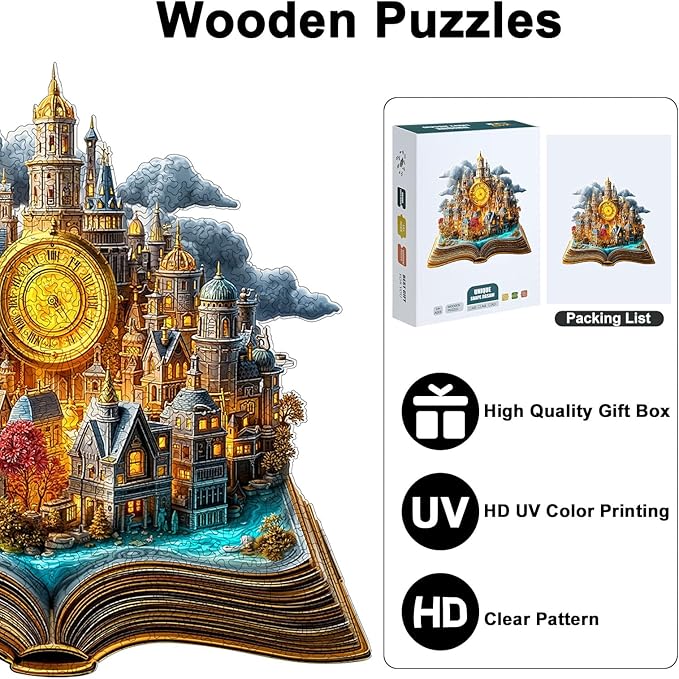 Wooden Puzzles for Adults, 210 Pieces Unique Animal Shaped 3D Book Castle Puzzle, Easter Gift for Mom, Mother's Day Wooden Jigsaw Puzzle with Storage Box