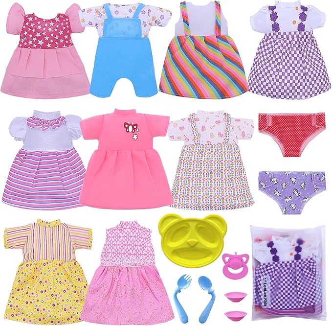 Baby Doll Clothes - Fits 12'' 13'' 14'' 15'' Girl Baby Dolls Clothes 360°Sewing Dresses for with Dolls Diapers, Nipple, and Doll Accessories Pack of 18 Bag Set