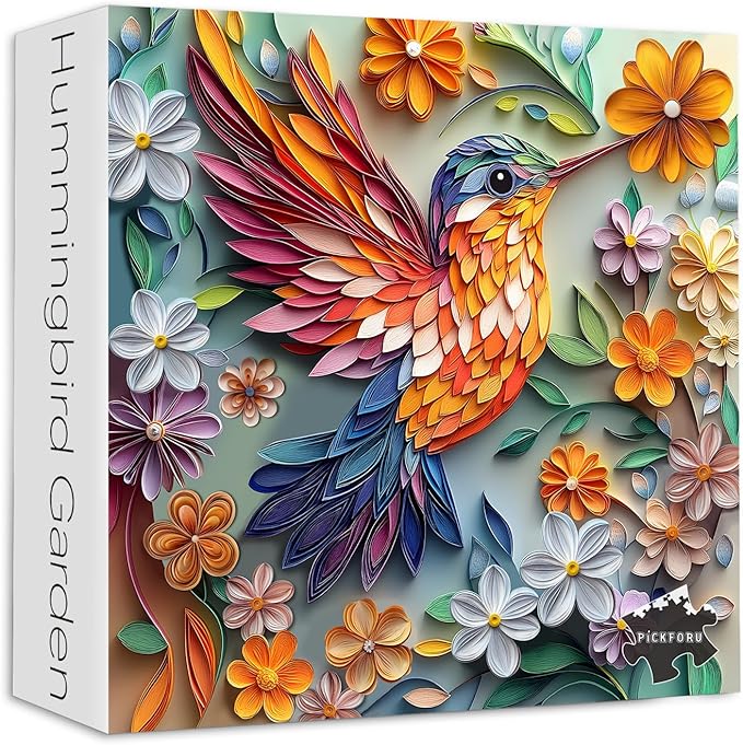 Hummingbird 1000 Piece Puzzle for Adults, PICKFORU Bird Flower Jigsaw Puzzle 1000 Pieces, Quilling Paper Cut Art Puzzles, Challenging Floral Garden Puzzle as Wall Decor