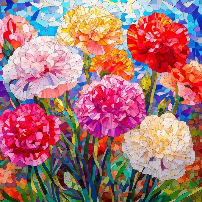 Bgraamiens 1000 Pieces Stained Glass Puzzle - Carnations Art Puzzle with Blooming Flowers, Color Challenge for Adults
