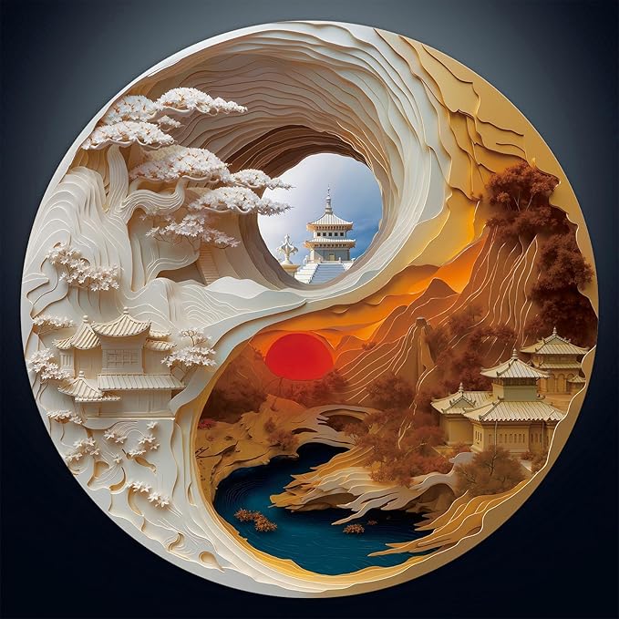 1000 Piece Round Jigsaw Puzzle for Adults - Harmony of Yin & Yang 26.6in Diameter Circular Brain Challenge & Zen Home Decor for Mindful Relaxation