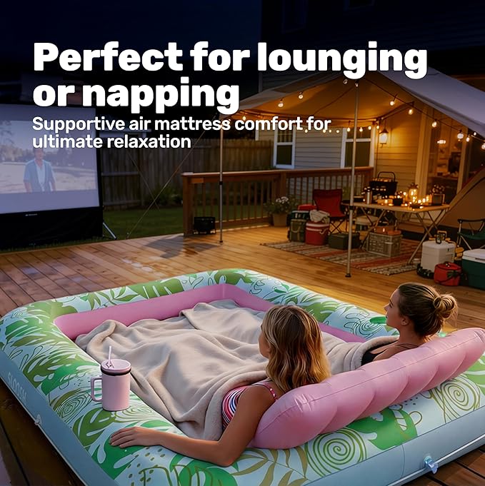 SLOOSH Inflatable Tanning Pool Lounger Float, 85" x 57" Extra Large Pool Floats Adult with Pillow, 4 in 1 Suntan Tub Raft Floatie,Sunbathing Bed Lounge for Water Blow Up Ball Pit, XL-Cyan Pink