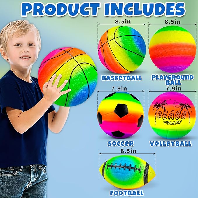 5 Pack Sports Balls Set for Kids & Toddlers - Includes 8.5'' Basketball Soccer Football Volleyball & Rainbow Playground Ball, Inflatable Bouncy Balls Toys Gift for Indoor Outdoor Party Games Play