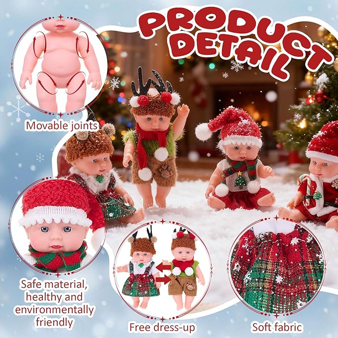 Halloscume 7 Inch Mini Baby Mini Reborn Doll Vinyl Full Body Lifelike Dolls Baby with Weighted Cloth Reborn Gift Set for Kids, Gifts for Christmas Kids(4 Pcs,Christmas)